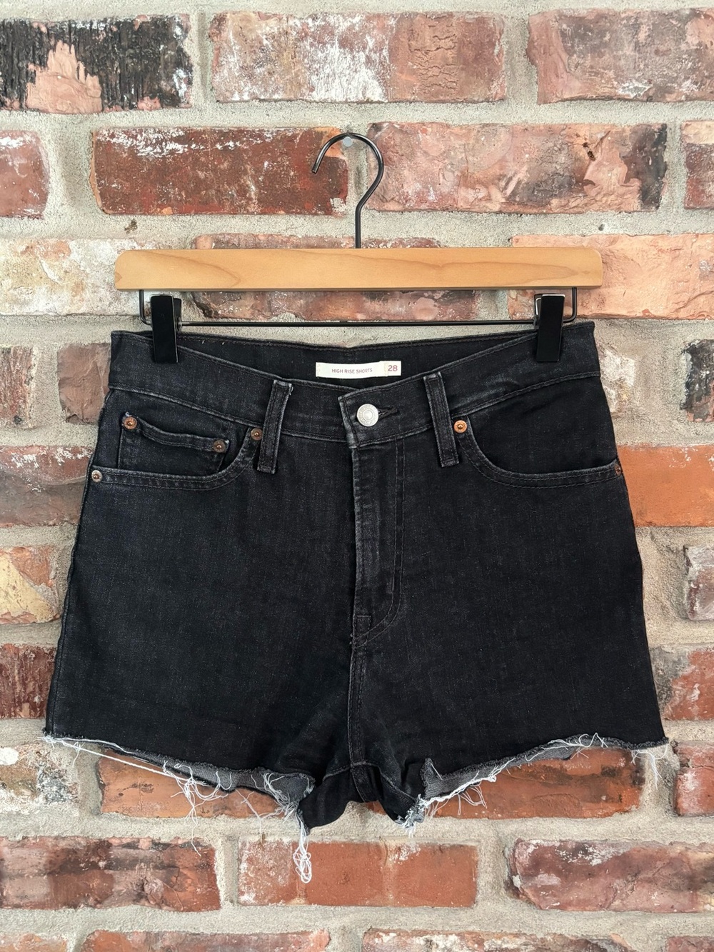 Levi’s Black High Rise Cut Off Jean Shorts, 28